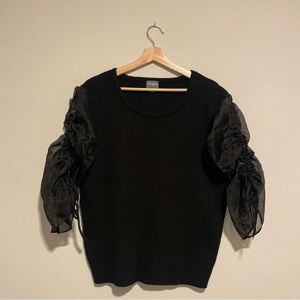 ARULA Black Ruffle Sheer Sleeve Blouse, Size C 3x